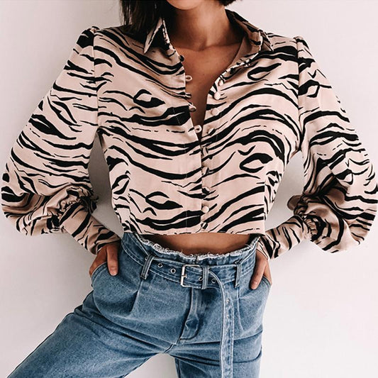 Animal print satin blouse shirt Women turndown collar buttons