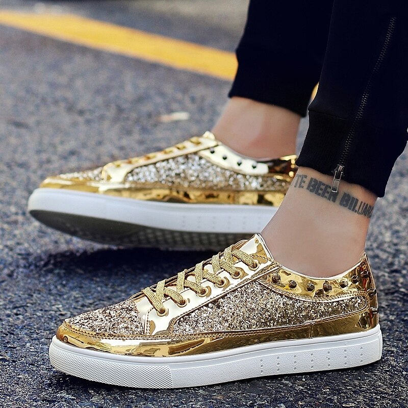 2022 Men Sneakers Casual Shoes Gold Glitter Bling Fashion Casual