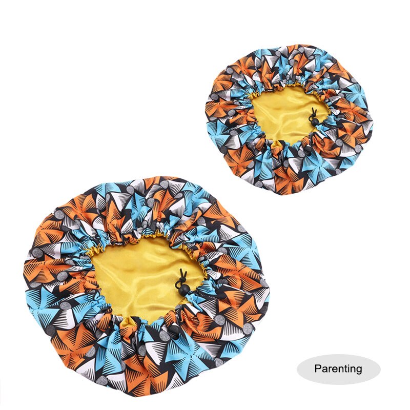 2PCS/SET Stain Silky Big Bonnet for Parent Kids African Print Ankara