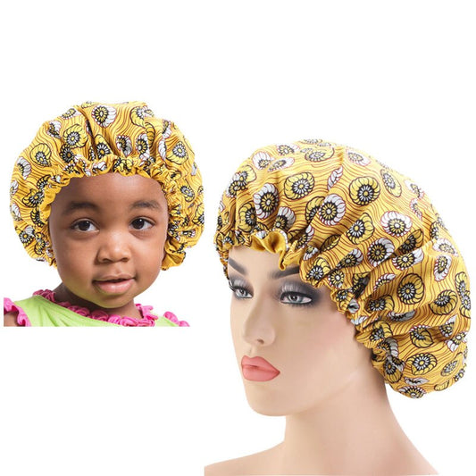 2PCS/SET Stain Silky Big Bonnet for Parent Kids African Print Ankara