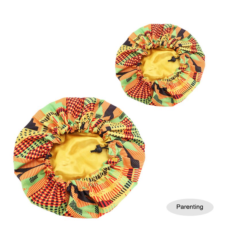 2PCS/SET Stain Silky Big Bonnet for Parent Kids African Print Ankara