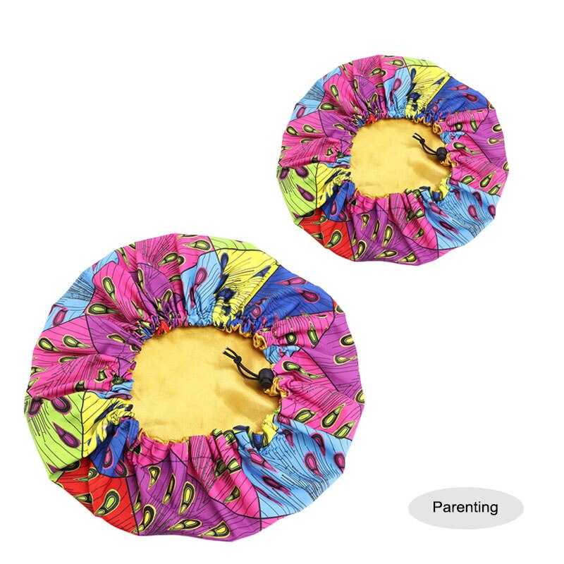 2PCS/SET Stain Silky Big Bonnet for Parent Kids African Print Ankara