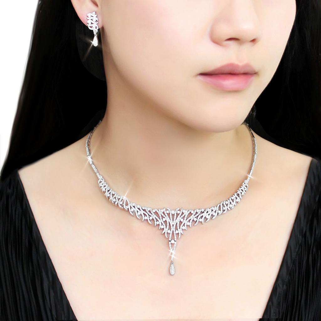 3W1413 - Rhodium Brass Jewelry Sets with AAA Grade CZ  in Clear