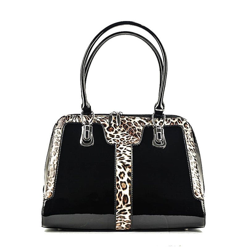 Bravo Handbags BH52-7573BK Diana with Leopard Print Leather Classic Ha