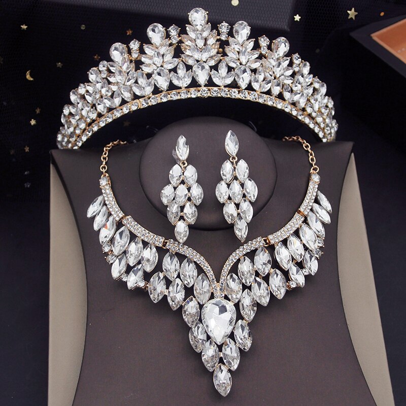 Green Crown Bridal Jewelry Sets For Women Luxury Tiaras Choker