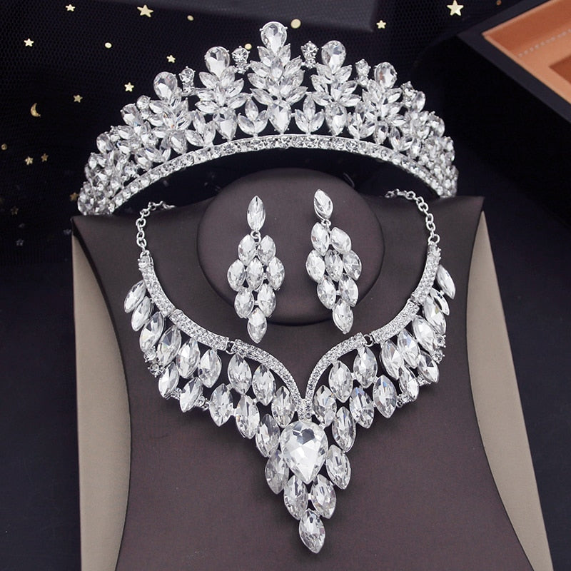 Green Crown Bridal Jewelry Sets For Women Luxury Tiaras Choker