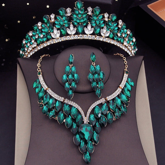 Green Crown Bridal Jewelry Sets For Women Luxury Tiaras Choker