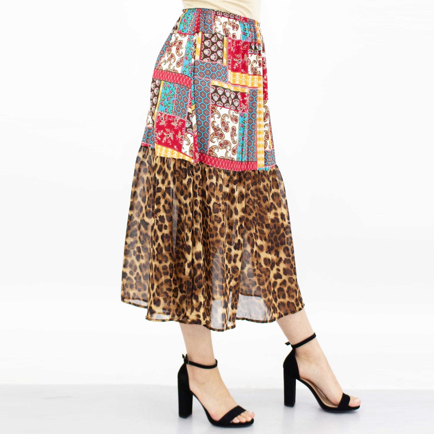 Animal Print Color Block Skirt - Red