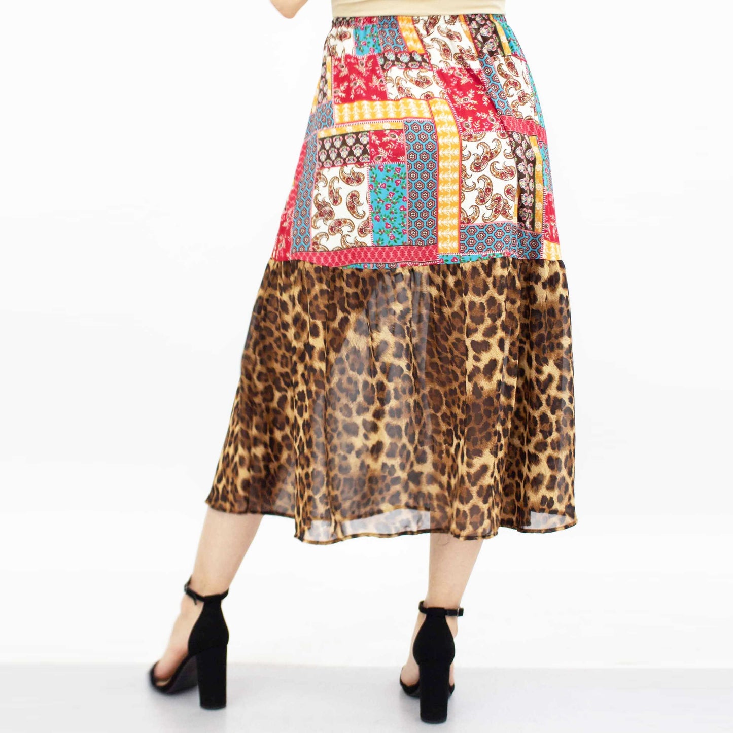 Animal Print Color Block Skirt - Red