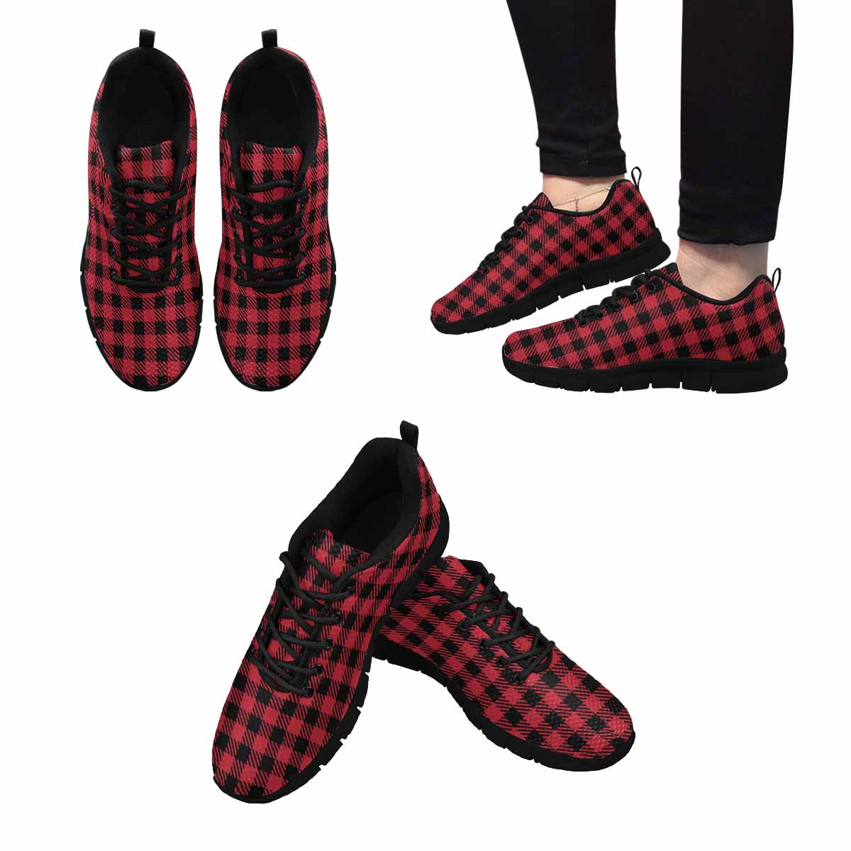 Uniquely You Sneakers for Men, Buffalo Plaid Red and Black Running