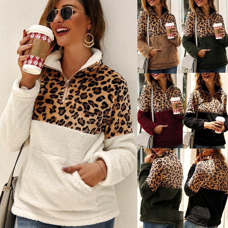 Women Leopard Printed Plush Sweatshirts Designer Zipper Lapel Neck